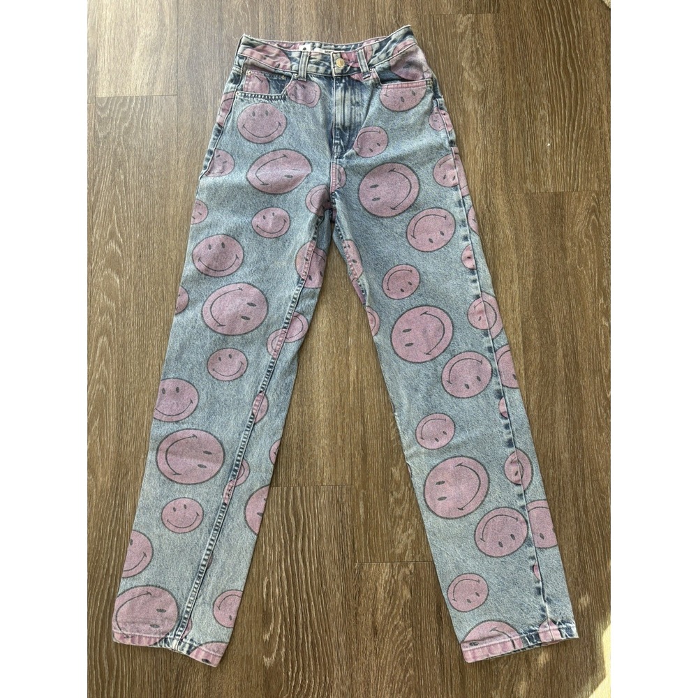 Bershka x Smiley Jeans Womens 4 Pink Face Print High Rise Straight Leg Y2K 2020